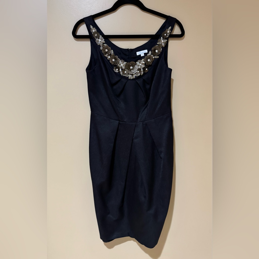 Shoshanna Black Sheath Dress With Gold Beaded Neckline